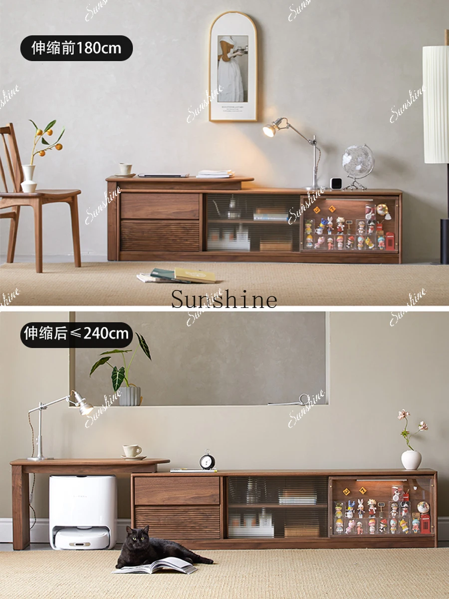 

Nordic solid wood telescopic TV cabinet combination black walnut small apartment living room FT