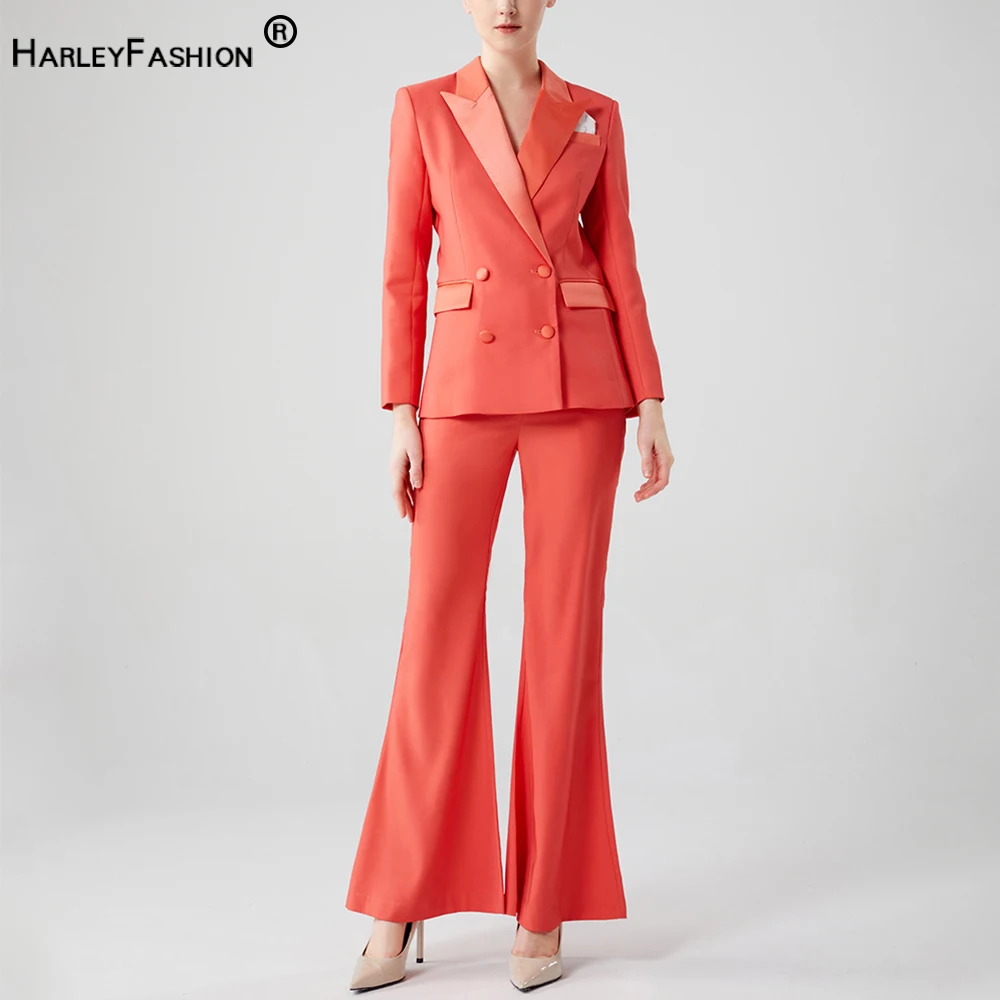 

Runway Women Suit Orange Plain Color Luxury Blazer Wide Leg Trousers Quality Outfits for Lady Fashion 2Pcs