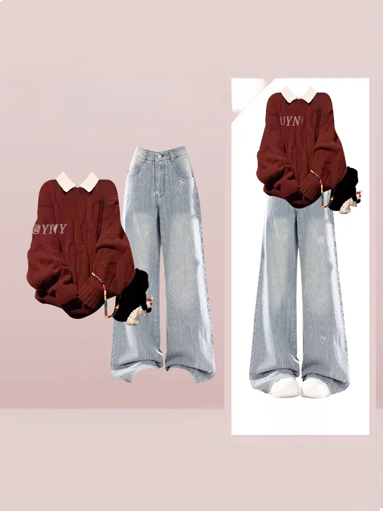 

Красный свитер, осенняя одежда, женские базовые джинсовые брюки с узлом, комплект для колледжа, новогодний модный костюм-футболка