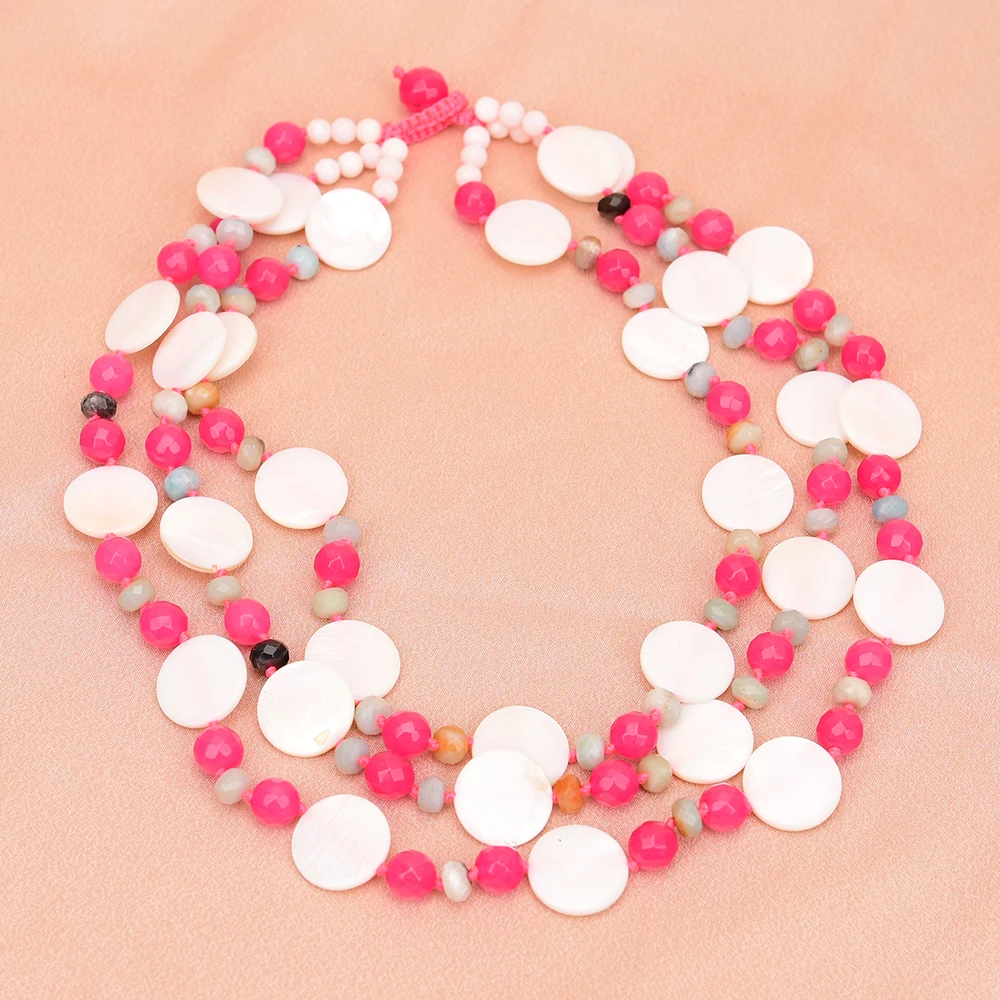 APDGG A71 Handmade 3 Rows Natural Mix Stone Jade Amazonite Shell Multi Strands Necklace