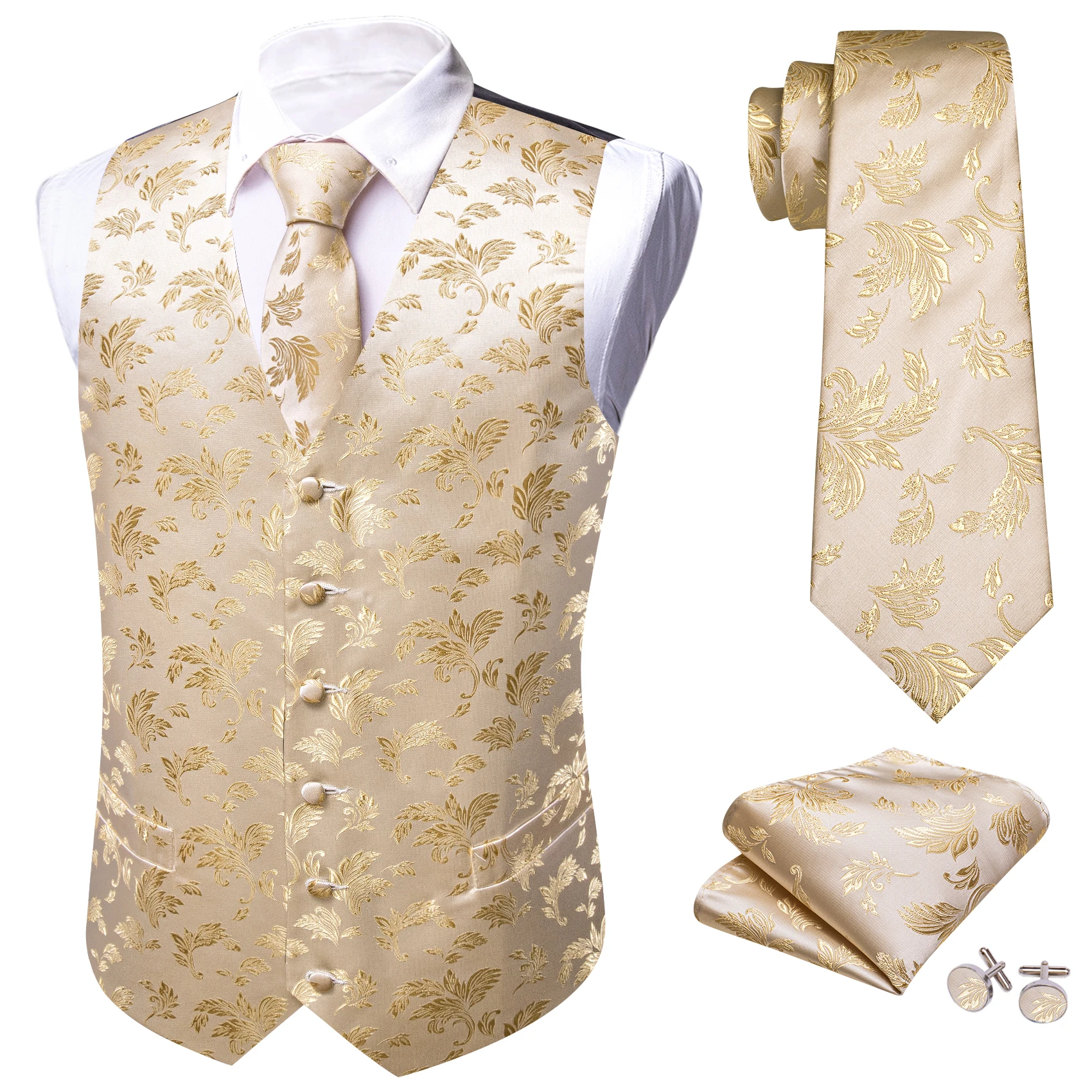 Luxury Silk Mens Vest Gold Beige Flower Embroidered Waistcoat Tie Set Wedding Business Party Suits Sleeveless Jacket Barry Wang