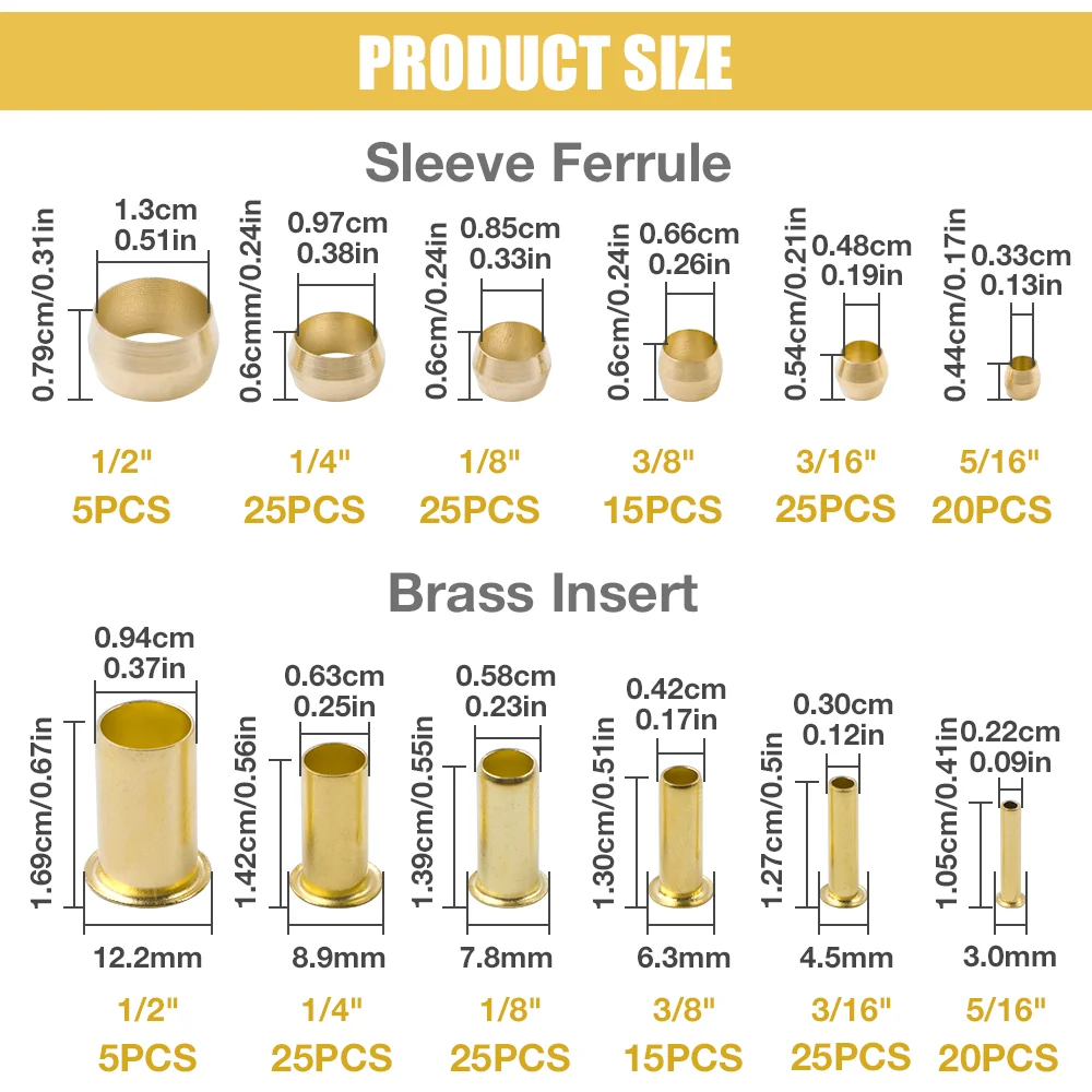 6 Size Brass Compression Sleeve Ferrule Kit, Brass Double Taper Ferrule, Connector Lines for Air, Water, Fuel, Oil & Inert Gases