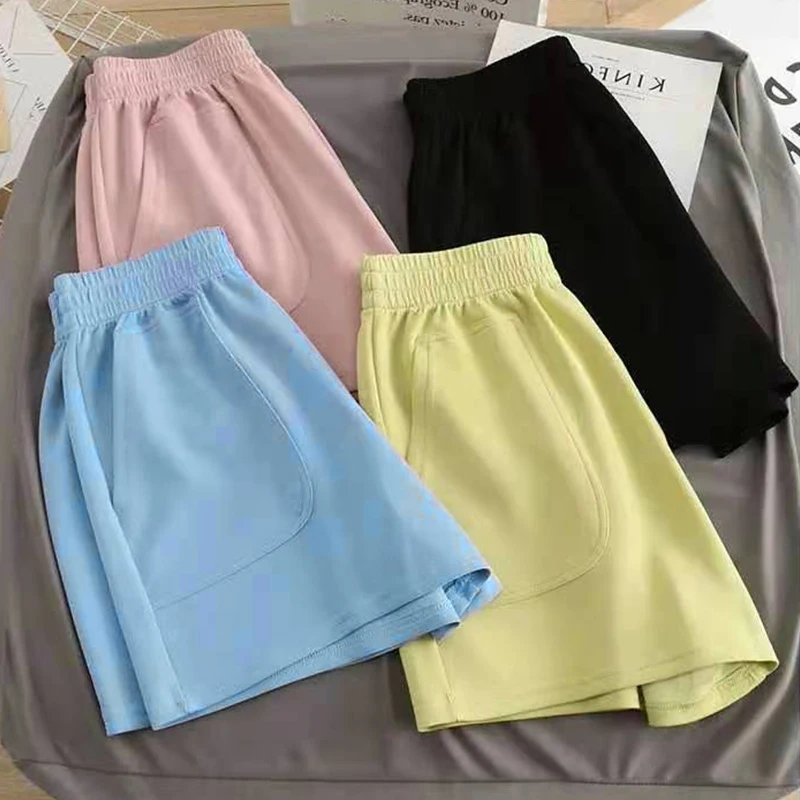 Women\'s Shorts With Pocket Summer Solid Color High Waist Hot Pants Casual Loose Sports Pants Elastic Waist Girls Cycling Shorts