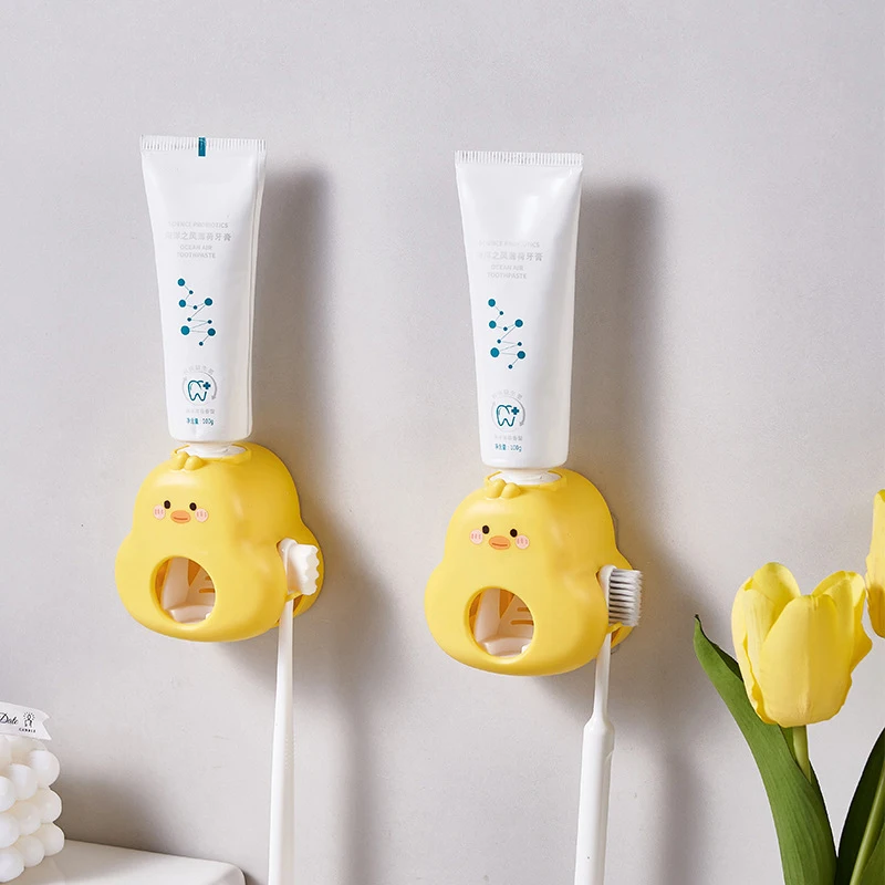 Wall Mount Toothpaste Dispenser Lazy Plastic Toothbrush Holder No Punching Yellow Duck Toothpaste Squeezer Bathroom Accessories