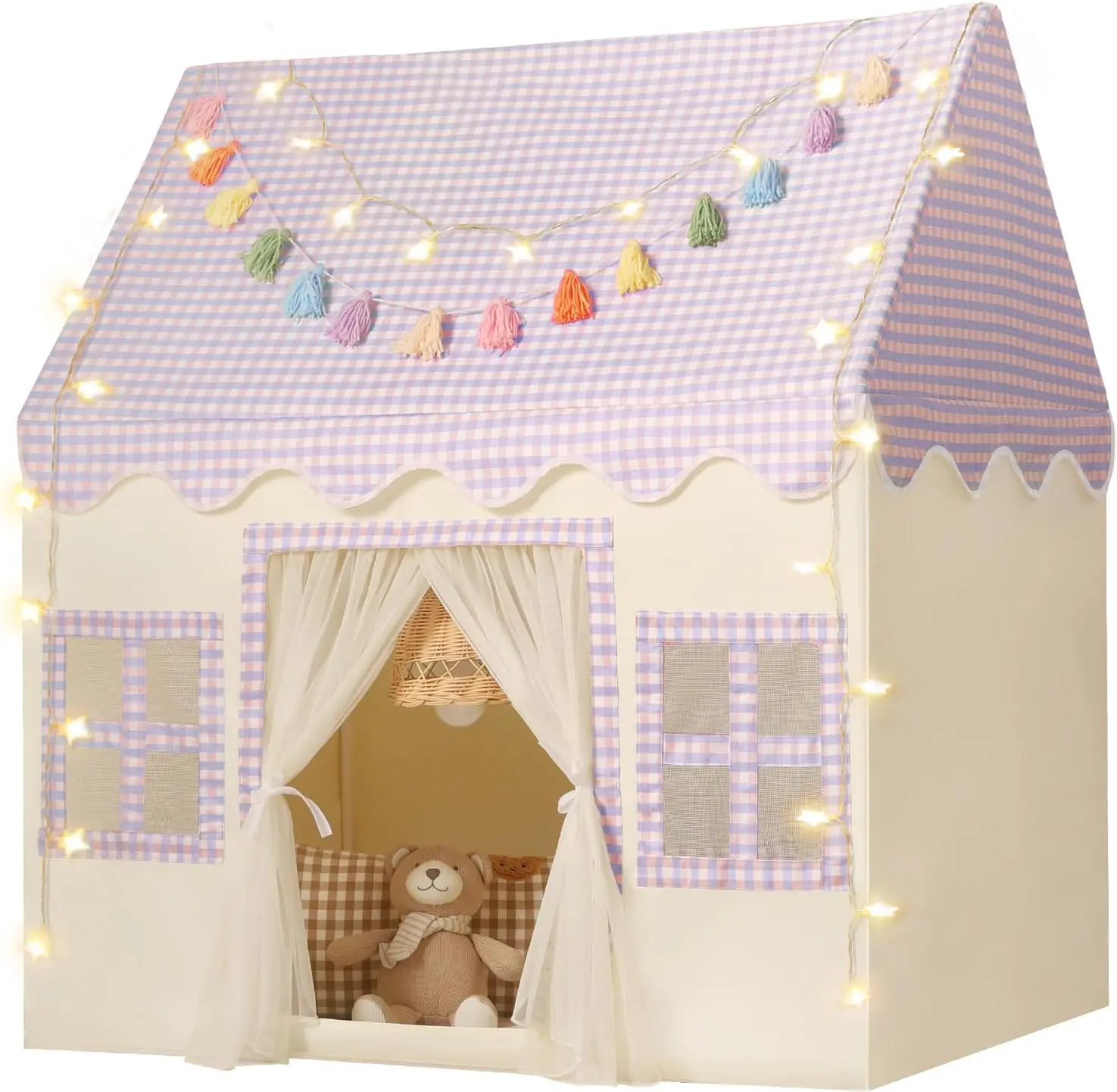 

Purple Checkered Kids Play Tent with Mat, Tassel Garland, and Star Lights for Indoor Fun and Birthday Gifts