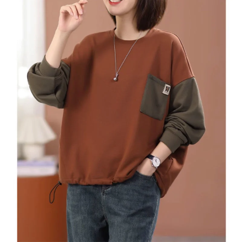 Women\'s Korean Casual Round Neck Hoodies Color-blocked Long Sleeve Autumn Winter 2023 Fashion Patchwork Pocket Pullover Tops