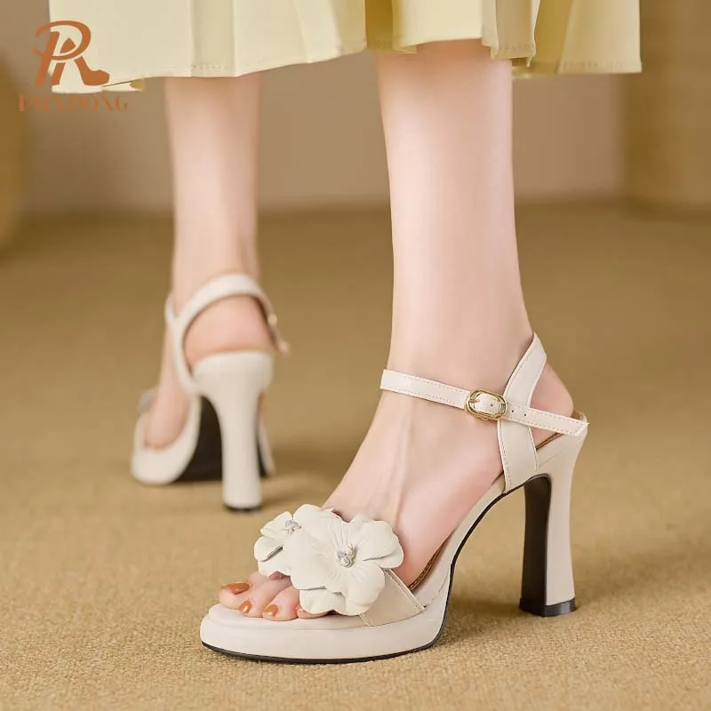 PRXDONG 2024 New Fashion Summer Women Sandals Sexy High Heels Platform Real Leather Silver Beige Dress Party Wedding Shoes 34-40