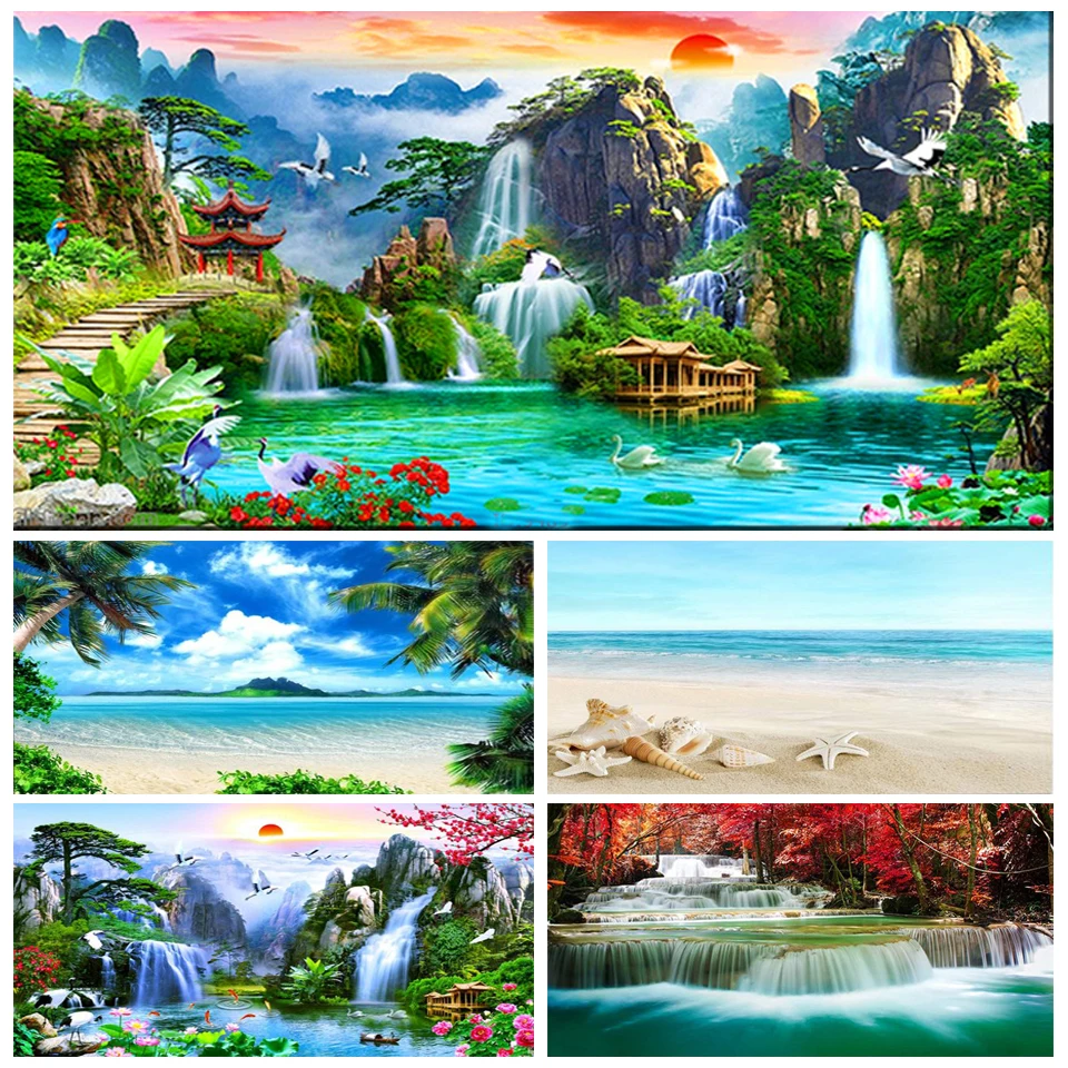 Large 5d diy Diamond Embroidery Waterfall and Mountain Lake Nature Crane, Full square/Round Diamond Painting Wind Water TT252