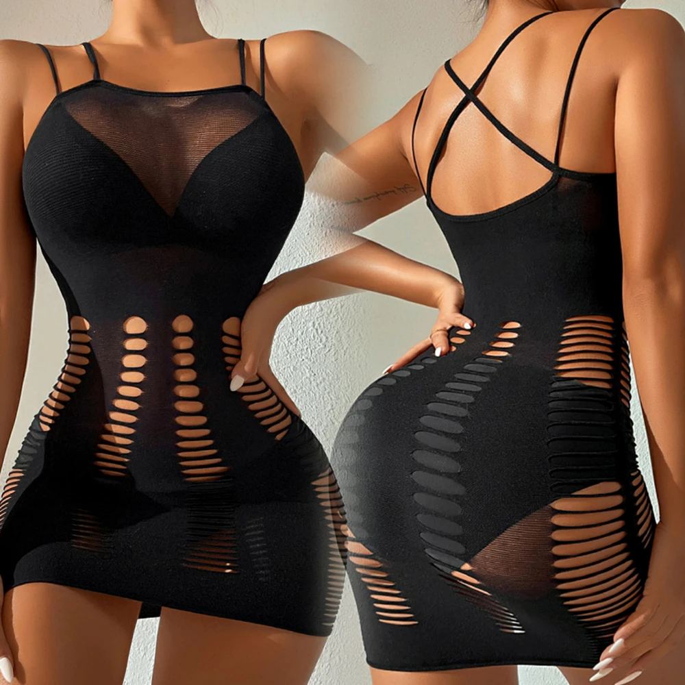 Sexy Women Lingerie Outfit Mesh See Through Bodycon Fishnet Dress Erotic Slim Slip Beach Elastic Dress Bodysuit Nightdress