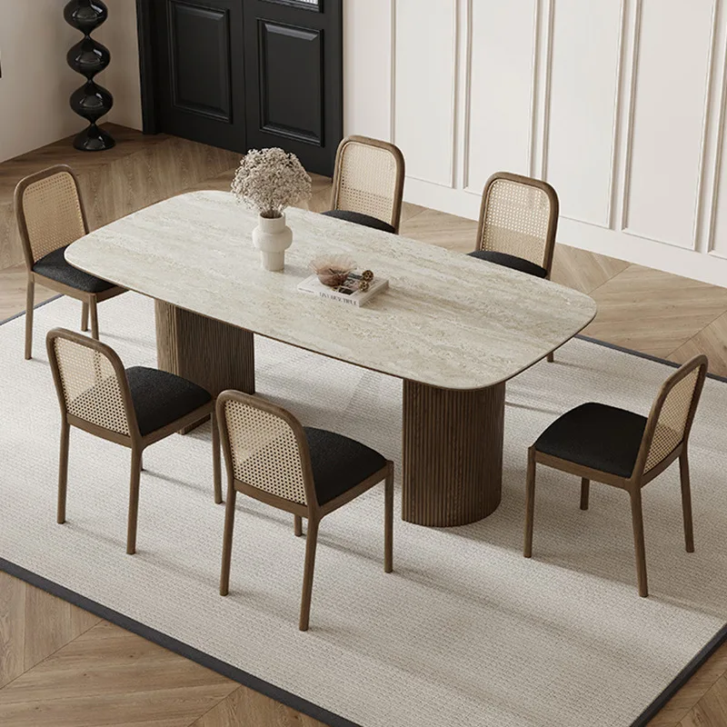 French retro style solid wood dining table and chair combination travertine rock slab dining table household small apartment res