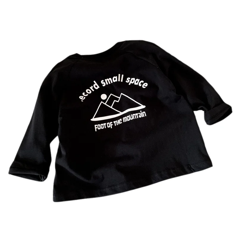 الأولاد تي شيرت 2025 الخريف الربيع الكورية نمط الاطفال ملابس موضة طباعة تنوعا قاعدة طبقة سوداء طويلة الأكمام بلايز #5