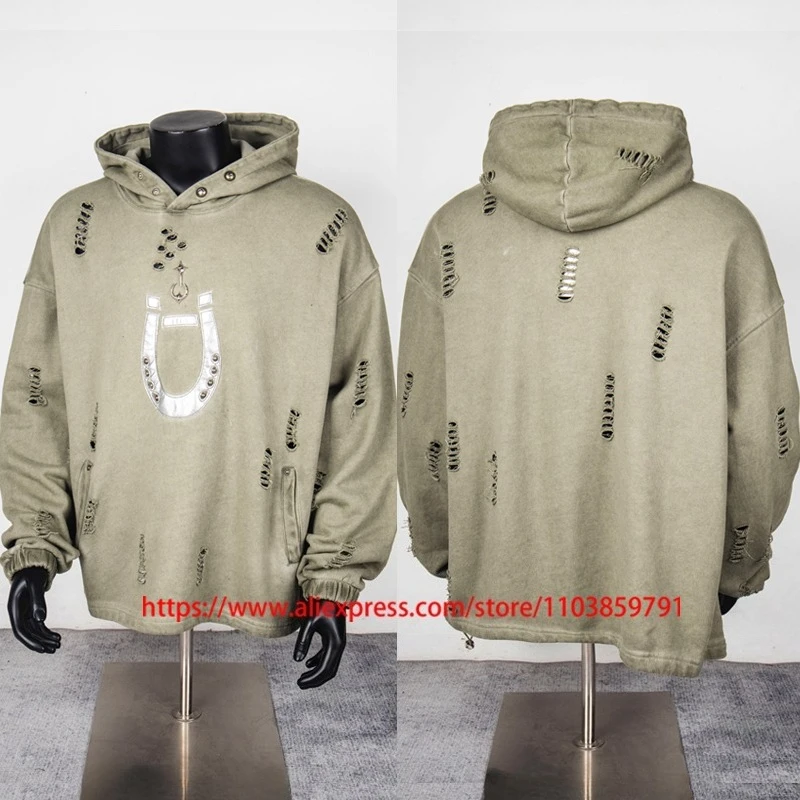 

Thug Club Hooded Sweatshirts Men Casual Metal Logo Ragged Hole Pullover Unique Patchwork Leather Wash Green Thug Club Hoodies