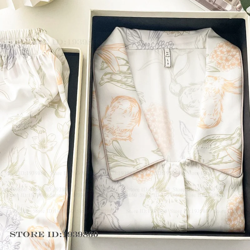 

Летний женский пижамный комплект: милый костюм для сна с бабочками и кроликами, свободный, из ледяного шелка, с коротким рукавом и шортами, для дома и отдыха