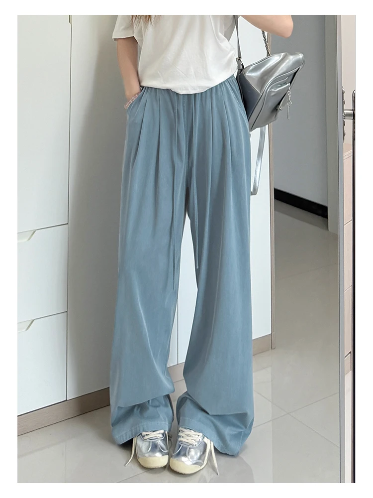 Damen-Jeans mit geradem Bein, Hose aus Lyocell-Stoff mit elastischem Bund, locker geschnittene Hose, schmal geschnittene, weit geschnittene Hose für den Alltag. – Detail 6