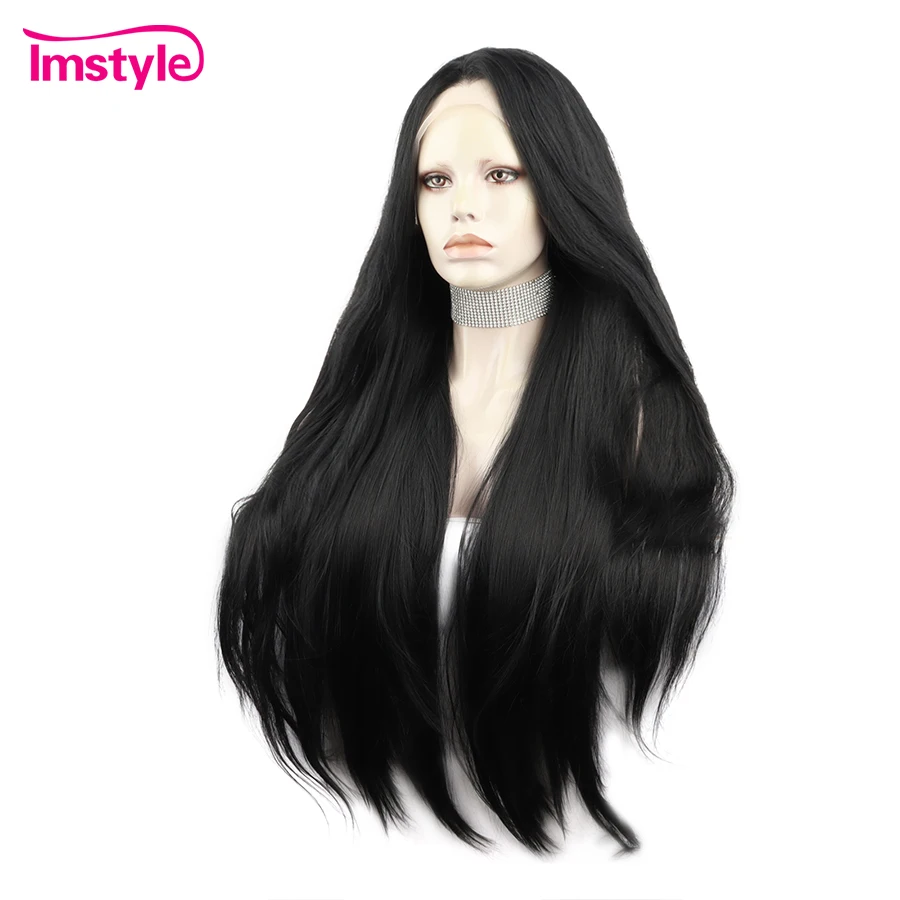 IMSTYLE Jet Black Lace Wig Synthetic Lace Front Wig 30-calowe długie proste peruki dla czarnych kobiet Żaroodporne codzienne peruki do cosplay — zdjęcie 4