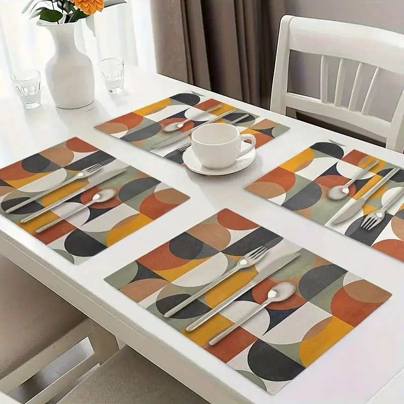 VIKAMA Retro Color Block Circle Geometric Rectangular Placemats Mid Century Heat Resistant Washable Minimalist Kitchen Table Mat