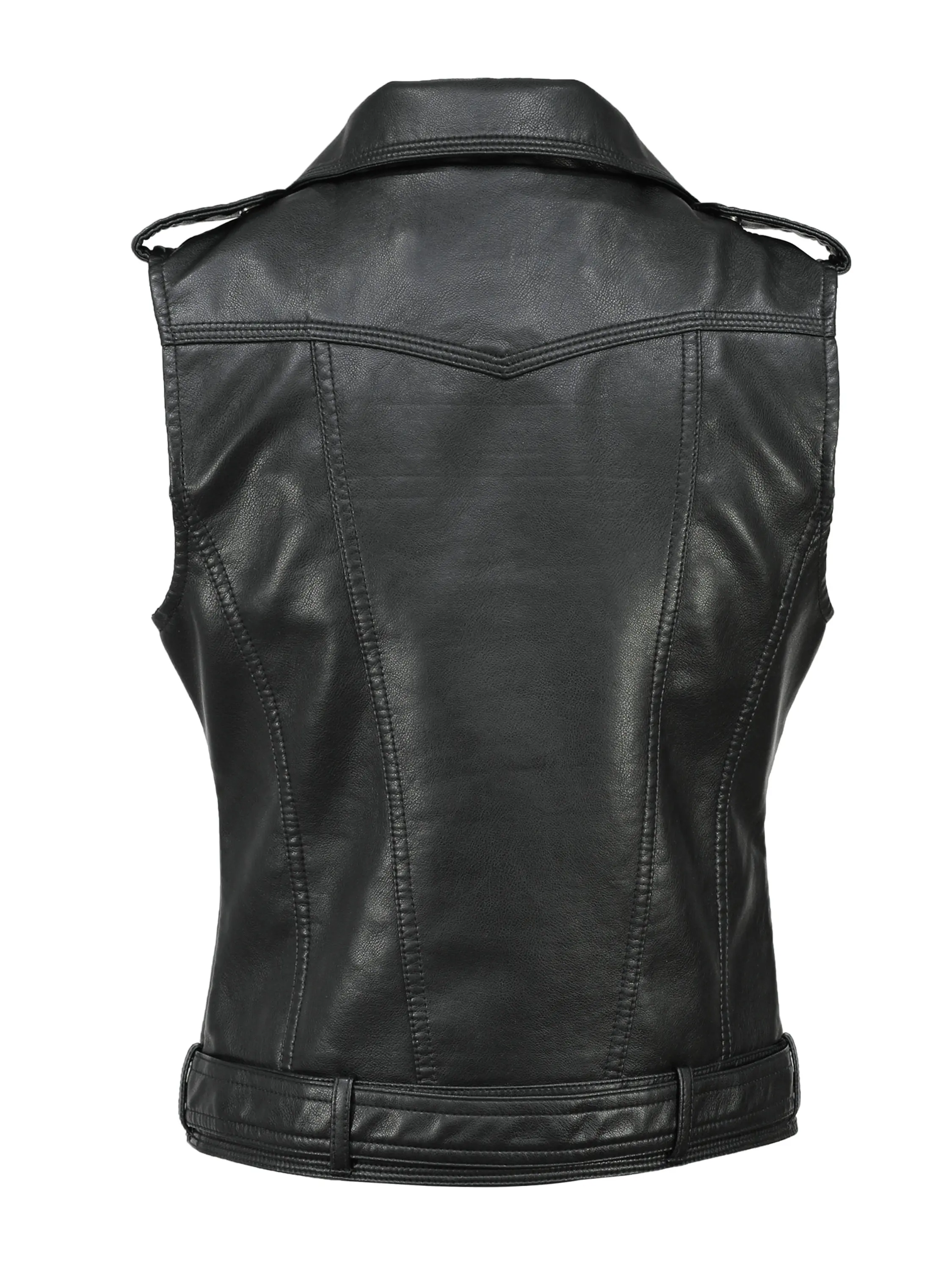 Women's PU Faux Leather Sleeveless Jackets, Black, Red, Waistcoats, Belt, Zippers, Vest, Pocket, Motorcycle, Ladies, Plus Size