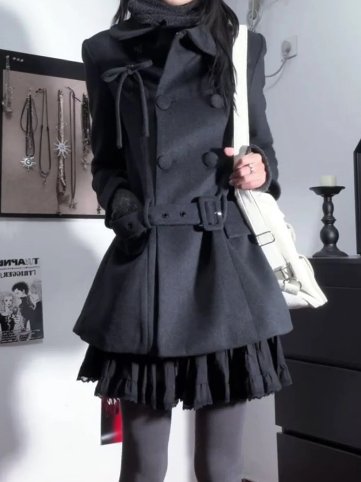 

Laid-ba Ele Sle женское длинное пальто с поясом с низкой талией, двухрядные пуговицы, осень-зима, новый свободный топ для поездок на работу Sle Faion