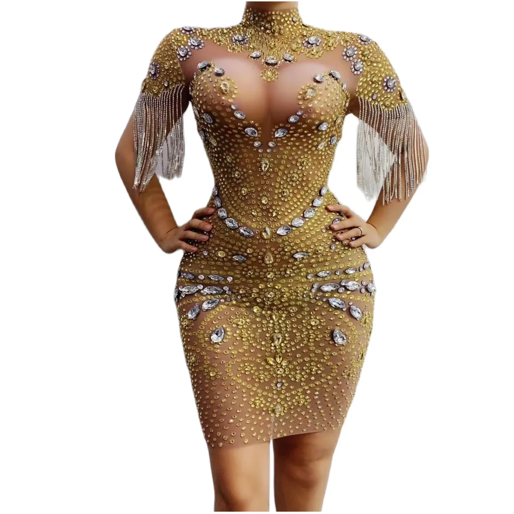 Gold Shining Rhinestones Sexy Crystal Tassel Sheath Dress For Women Nightclub Party Clothing Singer Stage Prom Costumes