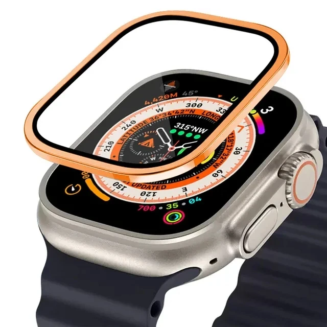 Aluminium behuizing + gehard glas voor Apple Watch Ultra 4 49 mm, krasbestendige schermbescherming, iWatch Ultra 2 3 49 mm, beschermfolie.