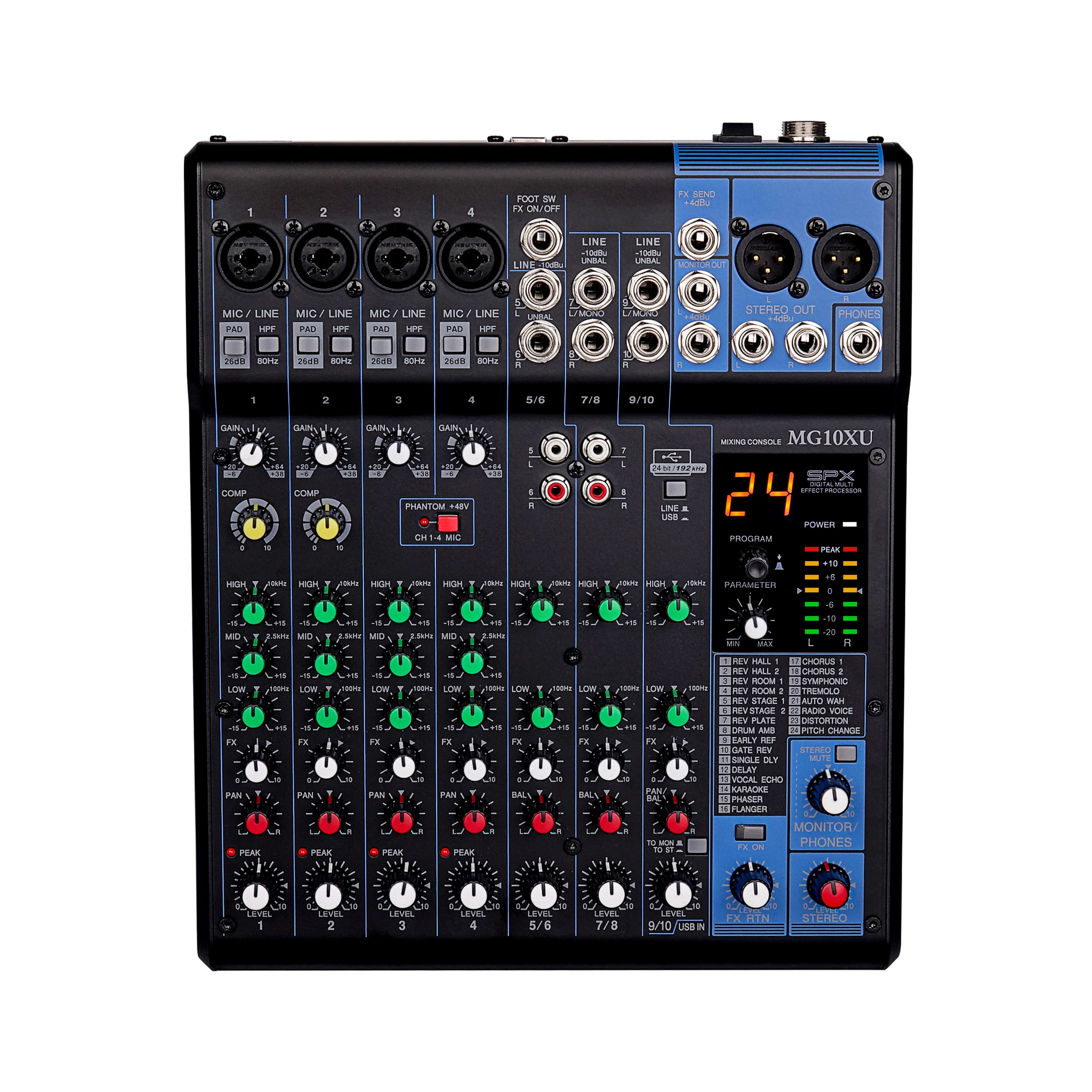 

10-Channel Professional Audio Mixer Stainless Steel Music Console Built-in 48V Phantom Power Built-In Effects Full EQ