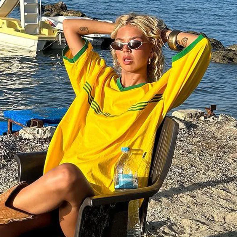 Brasil Embroidery Yellow T-shirt Women Men Hip Hop Oversized T Shirt Y2k Fashion Tops Summer Short Sleeve Tee Casual Beach Tee