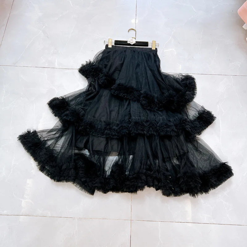 Falda de medio cuerpo acampanada Irregular con volantes de malla amarilla de cintura alta elástica nueva tendencia de moda para mujer primavera otoño 2025