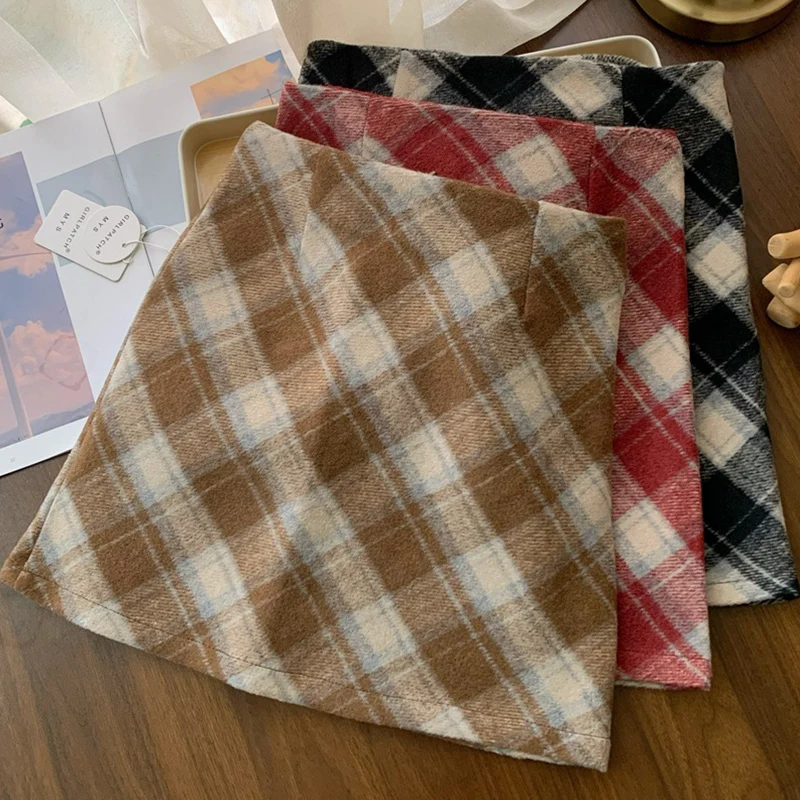 Plaid Woolen Skirt Autumn Winter Plaid High Waist Bodycon Short Skirt A-line Midi Skirts For Women