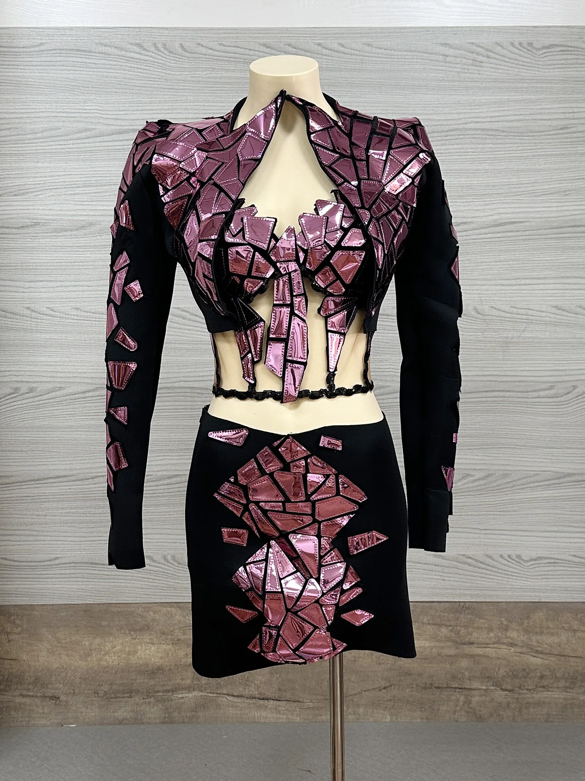 Women Black Pink Mirror 3 Piece Set Long Sleeve Crop Corset Top Mini Skirt Lace Up Sheer Mesh Stage Showgirl Dance Drag Queen