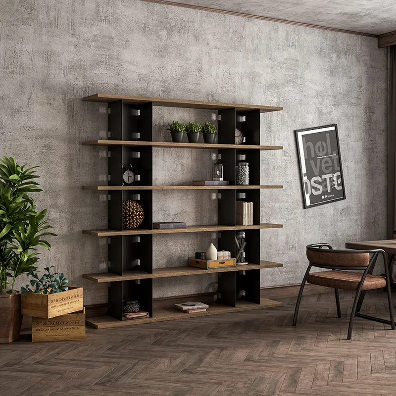رف كتب من الحديد المطاوع على الطراز الصناعي من الأرض إلى السقف، قسم مكتبي للتخزين من الخشب الصلب