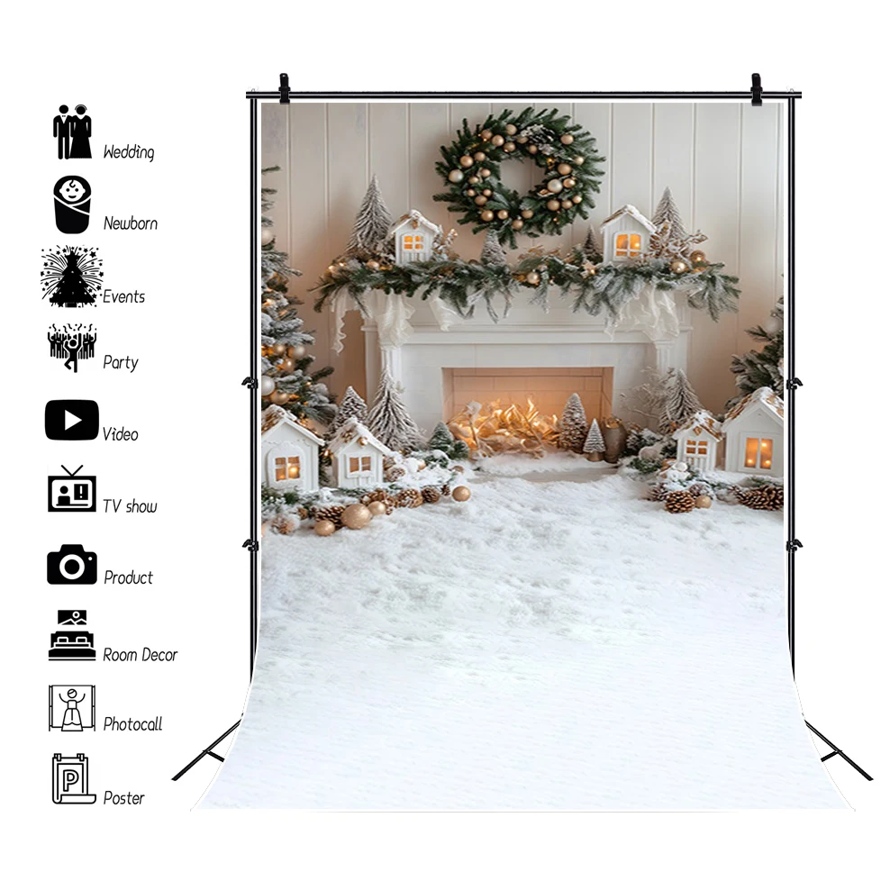 White Christmas Photography Backdrop Christmas Tree Fireplace Wreath Winter Kids Family Portrait Xmas Photo Background Decor