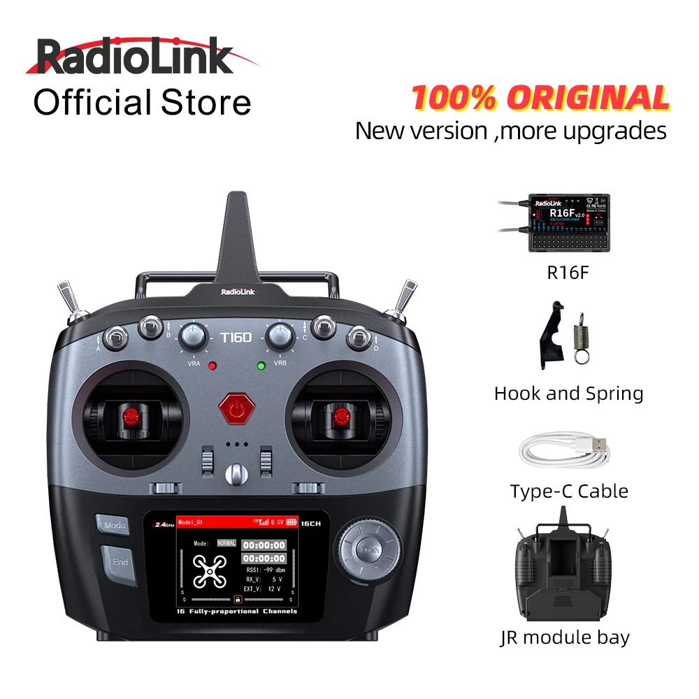 RadioLink T16D JR Module 16CH 2.4GHz RC Transmitter & R16F ELRS Compatible FHSS 100 Models 4KM for FPV Drone Fixed Wing Car Boat