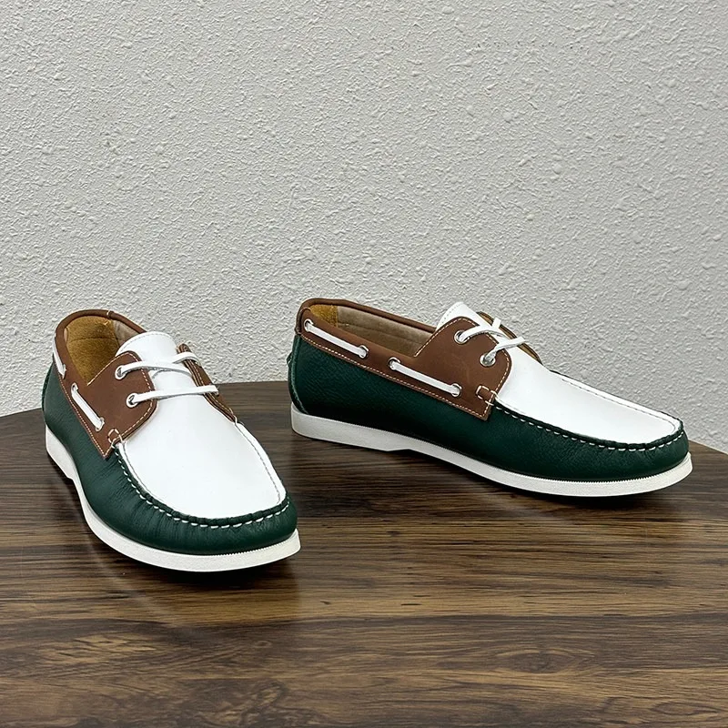 New Men Boat Shoes Retro Patchwork Handcrafted Genuine Leather Comfortable Driving Shoes British Breathable Commuter Loafers
