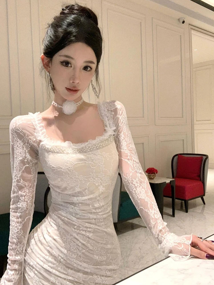 ملابس حريمي دانتيل أبيض شفاف رقبة مربعة نحيف ماكسي فستان سهرة طويل أنيق سيدة موضة حفلة موسيقية فساتين رداء خريف جديد