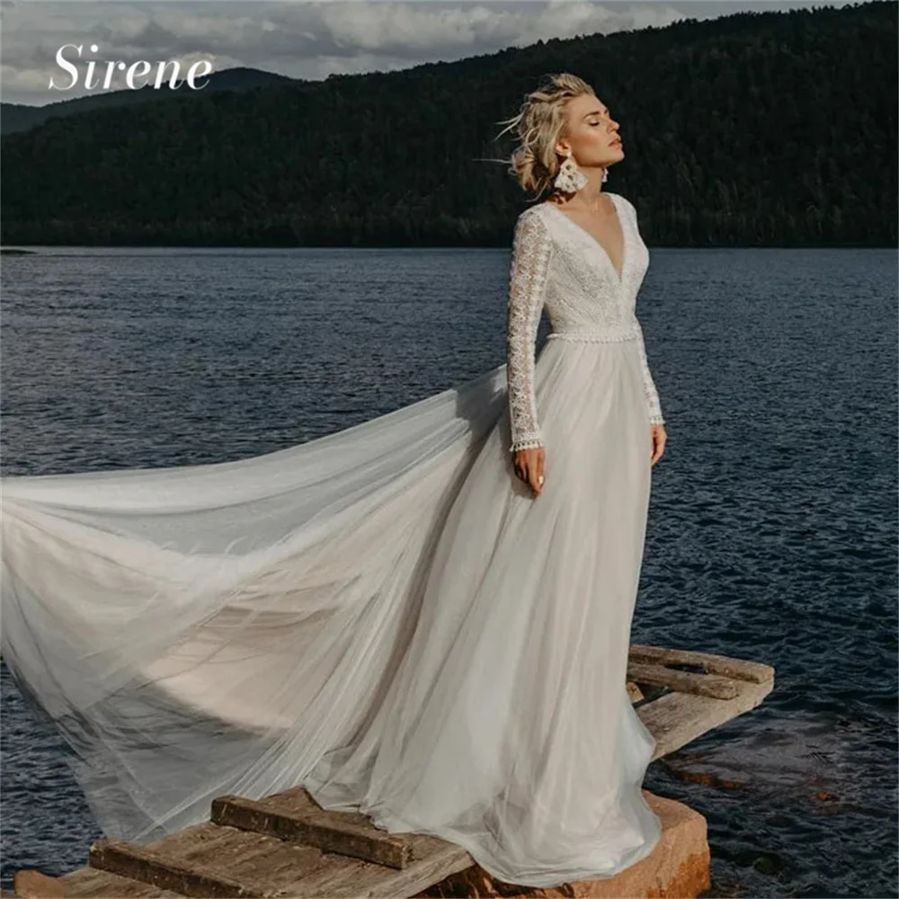 Sirene-Robe de Mariée en Tulle et Dentelle à Manches sulf, Style Boho, Élégante, Ligne A, Col en V, Dos aux, Longueur au Sol, pour Patients