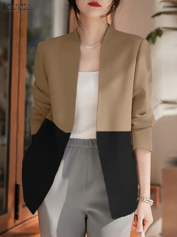 ZANZEA Office Women Blazer Outwears 2025 Autumn Elegant V Neck Long Sleeve Blazer Suits Casual Patchwork Thin Coats Cardigan