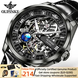 OUPINKE Men's Watches 3D Earth Rotation Skeleton Sapphire Mirror Leather Strap 50M Waterproof Automatic Watches for Men Luxury