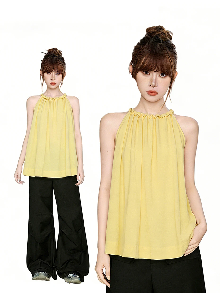 

Summer New Style Women's Sleeveless Neck Hanging Shirt Fashion Pleated Slimming Shoulder Exposure Top Korean Loose Fit Commut...