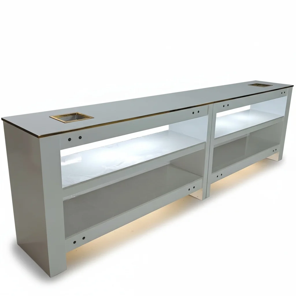 Modern White Nail Table, MDF Wood and Metal Manicure Desk with Double Dust Collector, Adjustable Height Commercial Salon Station