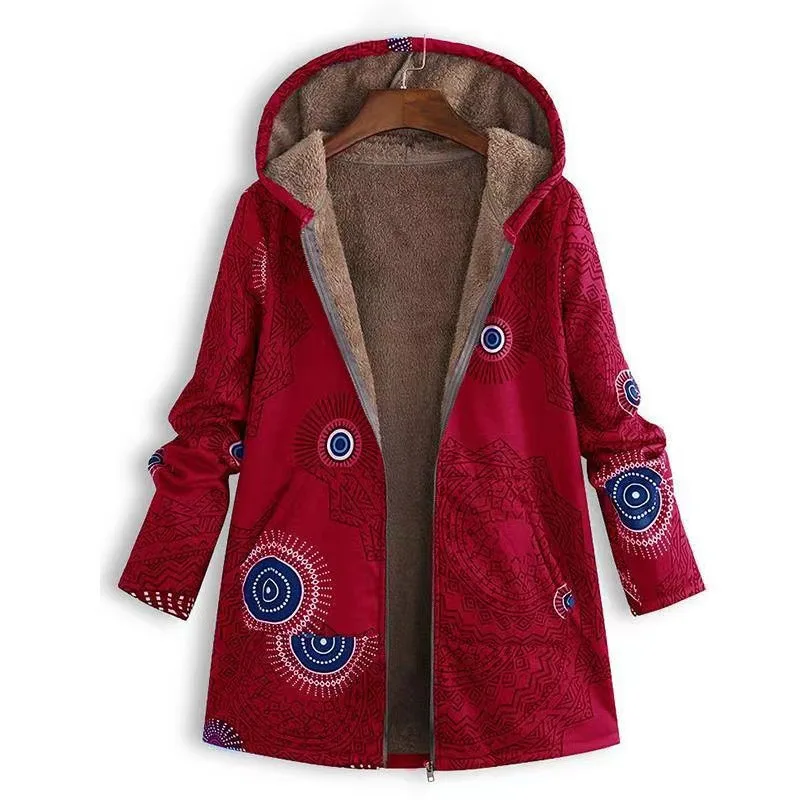 OVERSIZE Winter Vintage Women Coat Warm Printing Thick Fleece Hooded Long Jacket Pocket Outwear Loose Boho Tops Шерстяное Пальто image 6