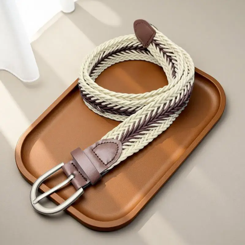 5PCS  Factory Direct Retro Two color Wax Rope Woven Belt Women Men Decorative Fashion Casual Dress Jeans High Quality Luxury