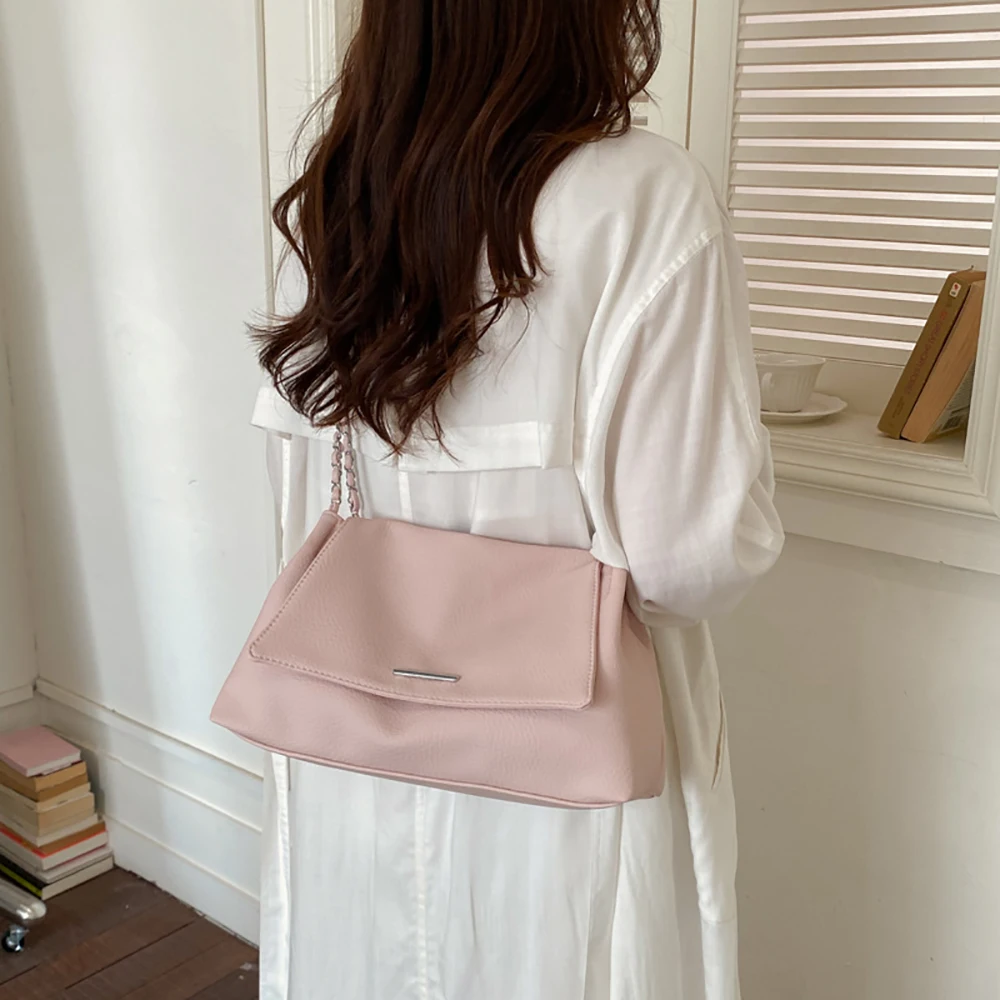 French Style Fashion Texture Chain Crossbody Bag Women's High Grade Pu Leather Solid Color Shoulder Bags Commuter Armpit Bags