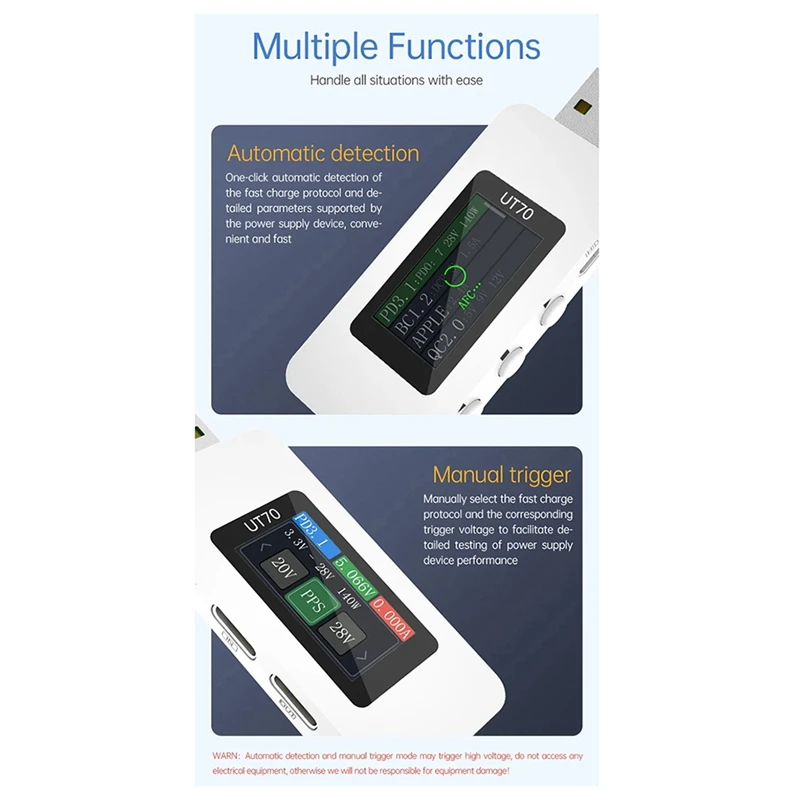 UT70 USB تستر الفولتميتر الرقمي مقياس التيار الكهربائي قياس القدرة الموجي عرض كهربائي TYPE-C كشف الزناد