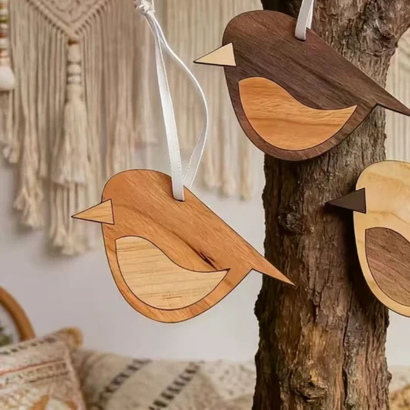 1/3pcs Wooden Bird Hanging Decorations Artificial Wood Home Decor Vintage Style Hanging With Rope Design Pendant Bohemian Style