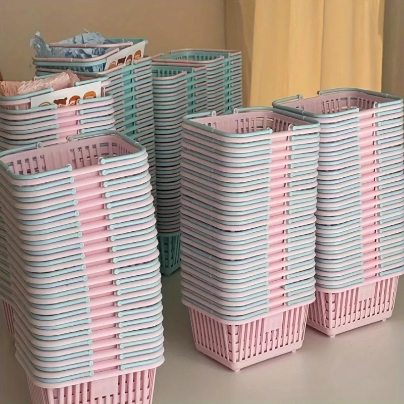 10pcs Mini Storage Baskets with Handles Organizer Multi-Functional Pink Plastic Macaron Colorful Small Items Storage Baskets Set