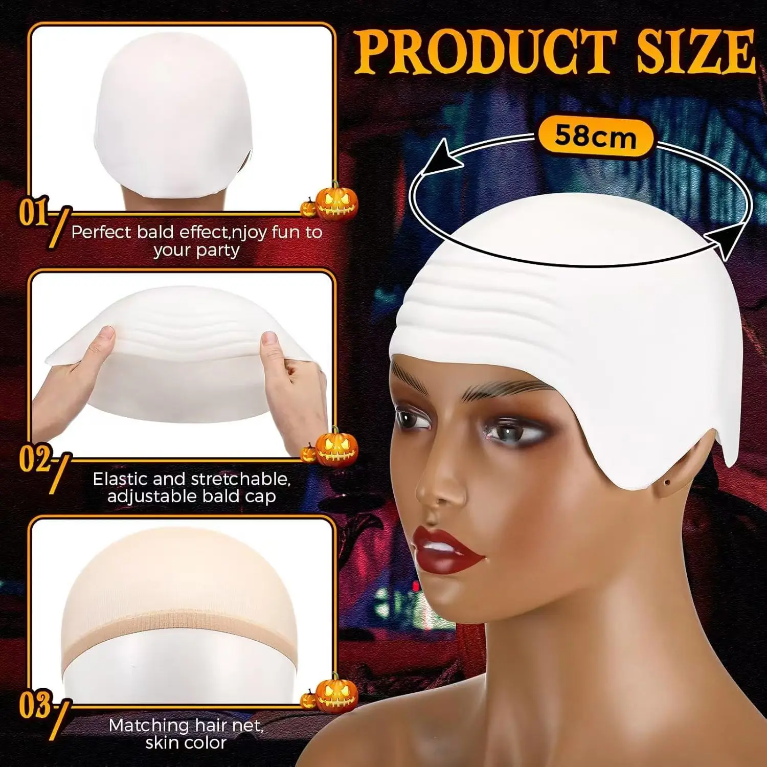 Glatze Outfit Cosplay Zubehör Set mit Latex Glatze Hut und Nylon Perückenkappe für Halloween Weihnachten Karneval Aprilscherz Party