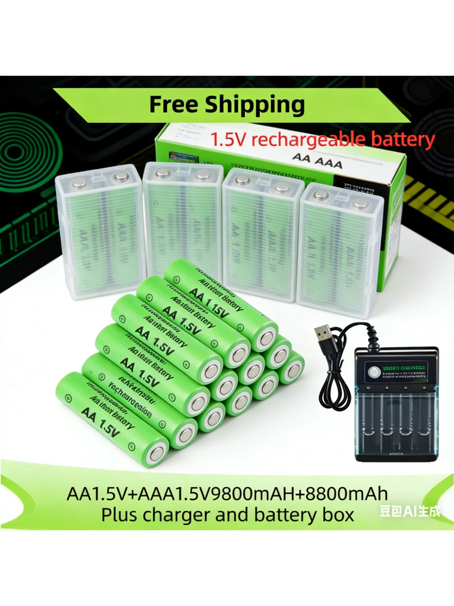 Akumulatory wielokrotnego ładowania 1.5V AA 9800mAh + AAA 8800mAh + Ładowarka do komputera, zegara, radia, konsoli do gier, aparatu cyfrowego AA AAA - Wyprzedaż — zdjęcie produktu 7