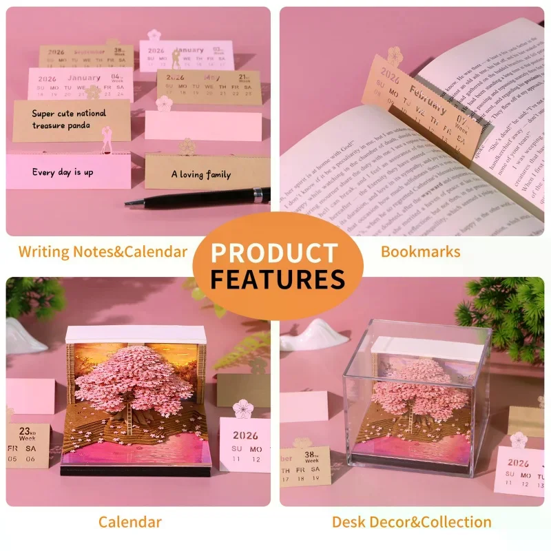 Time Piece Calendar 2026 Desk Calendar With LED Light, 3D Tear-away Calendar Paper Carving Art Memo Pad Notepad Gift Christmas