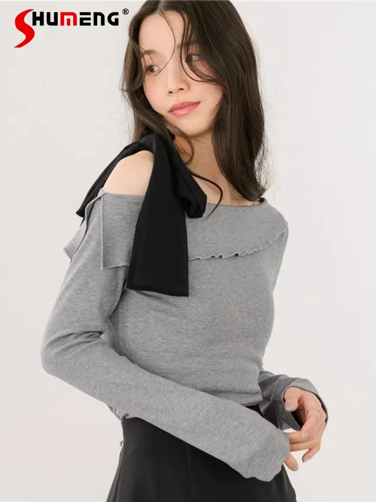 

Весна 2026: Элегантная женская футболка в японском стиле из шифона с бантом, открытыми плечами, длинными рукавами, приталенная, простая и универсальная