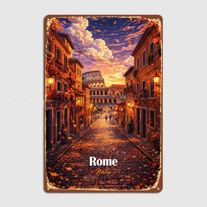 Rome Street with Colosseum at Travel Poster Metal Sign Life Wall Custom Bedroom Indoor Home Wall Decor Posters Room Decoration